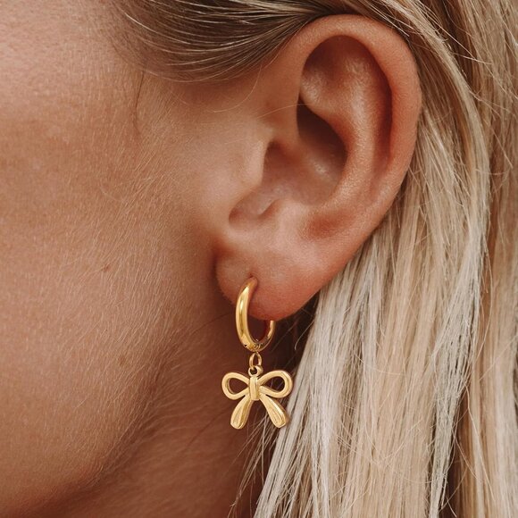 Gold Bow Hoop Earrings Delicate 14K Gold Plated Silver Jewelry for Women - Picture 2 of 8